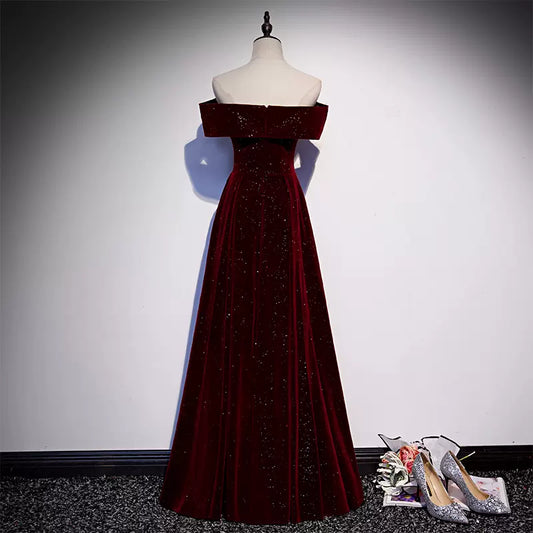 A-Line Off Shoulder Velvet Burgundy Long Prom Dress, Burgundy Formal Dress TP26