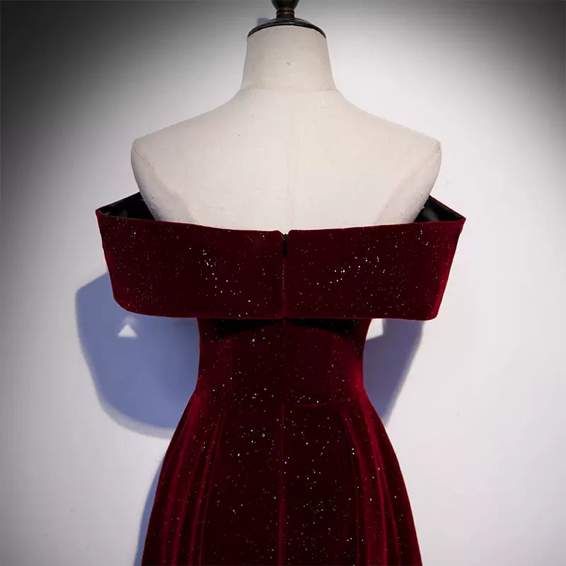 A-Line Off Shoulder Velvet Burgundy Long Prom Dress, Burgundy Formal Dress TP26