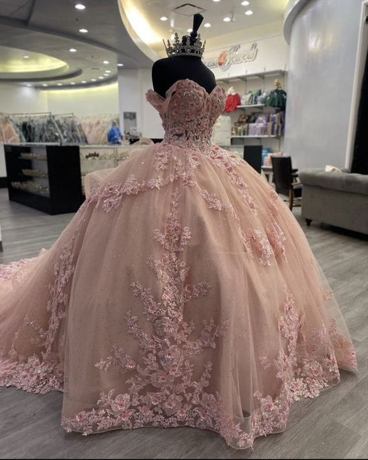 Sweet pink off-the-shoulder A-line sequined tulle with train prom dress evening dress TP2614