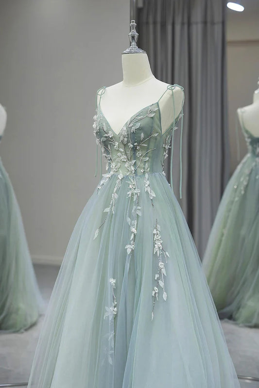 Beautiful A-line strapless V-neck tulle long prom dress evening dress TP2678