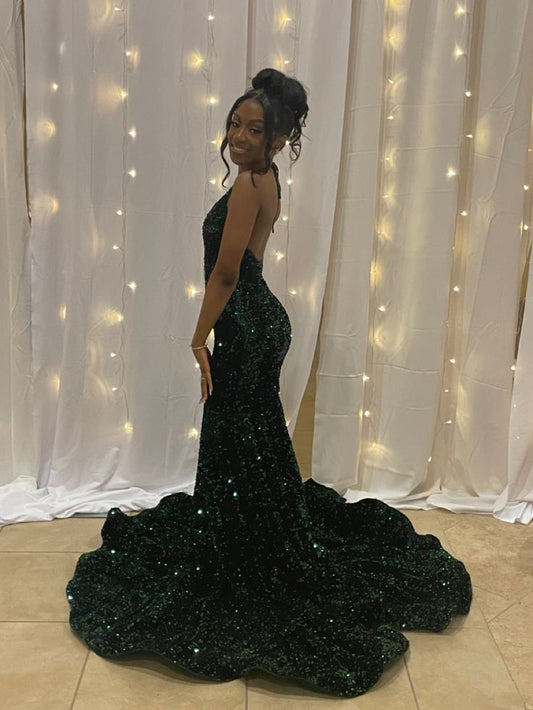 Gorgeous Green Halter Off Shoulder Mermaid Floor-length Prom Dress Evening Dress TP2715