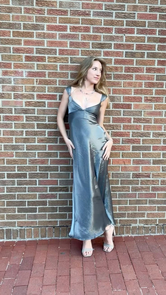 Elegant Silver-grey V-neck Sheath Satin Long Party Dress Evening Dress Prom Dress TP2751
