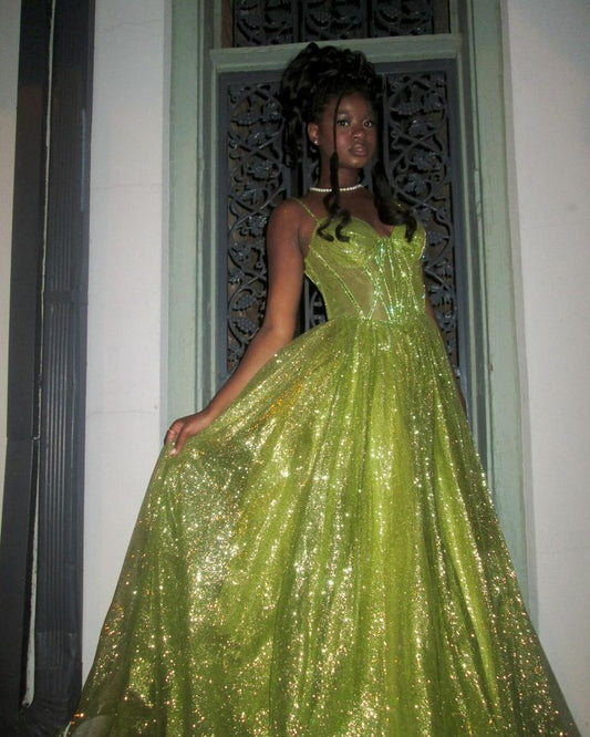 Shiny Green Strapless A-Line Long Prom Dress Evening Dress TP2784