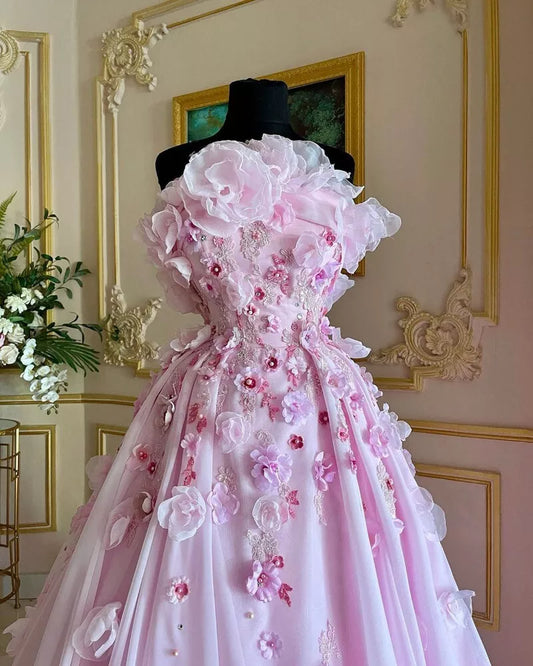 Sweet Pink Strapless 3D Flower A-Line Beaded Long Prom Dress TP2788