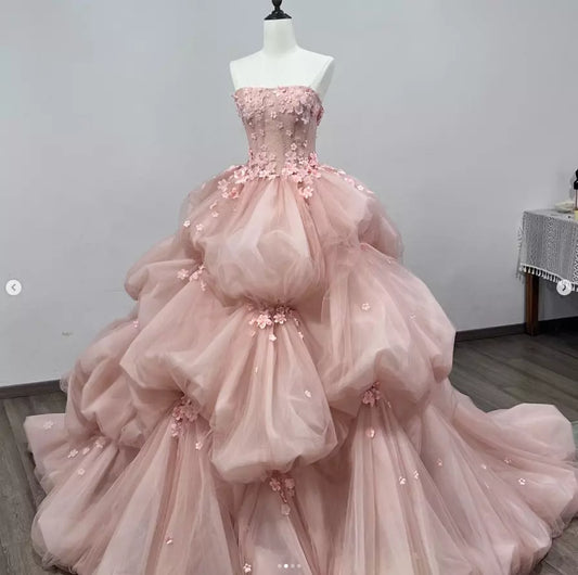 Pretty Pink Strapless A-Line 3D Flower Tulle A-Line Wedding Dress Evening Gown TP2789