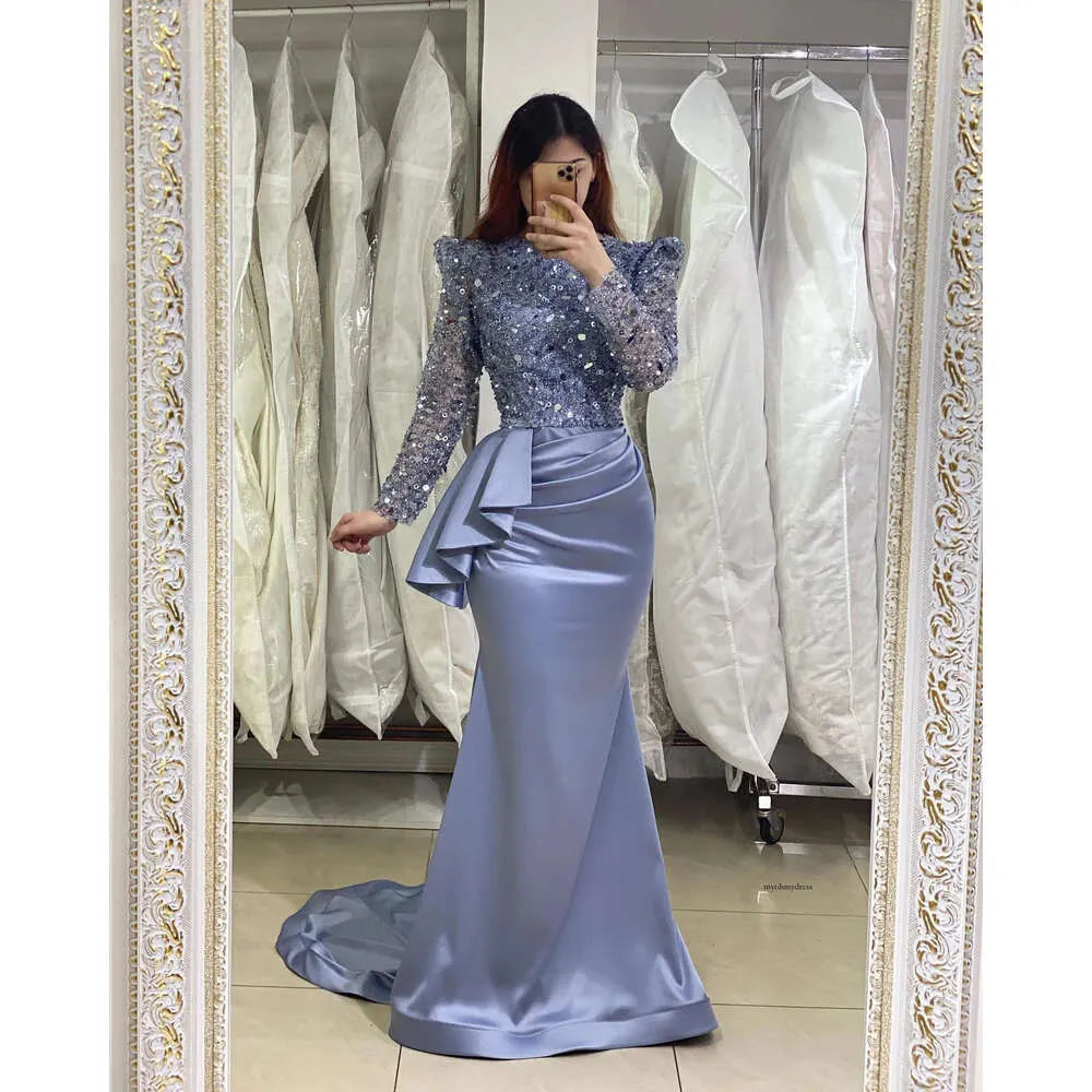 Elegant lavender long mermaid high neck beading evening party gowns with long sleeves TP53