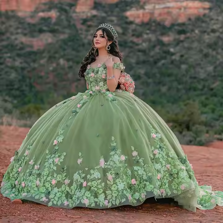 Light Sage Green Quinceanera Dresses Sweet 16 Pageant Floral Ball Gown Y2063