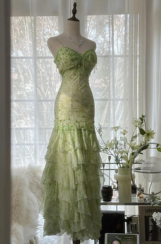 Gorgeous Green Mermaid Sweetheart Chiffon Beaded Layered Prom Dress Long Evening Dress Y8558