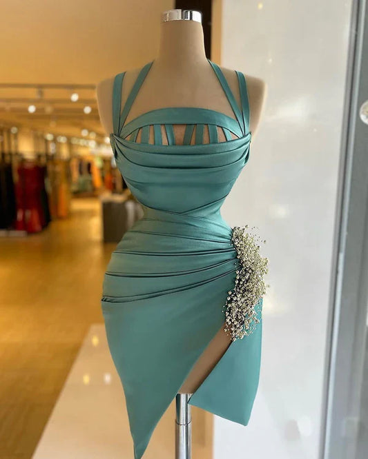 Fashion Tiffany Blue Pearl Decoration Design Tight Short Halter Homecoming Dress TP3543