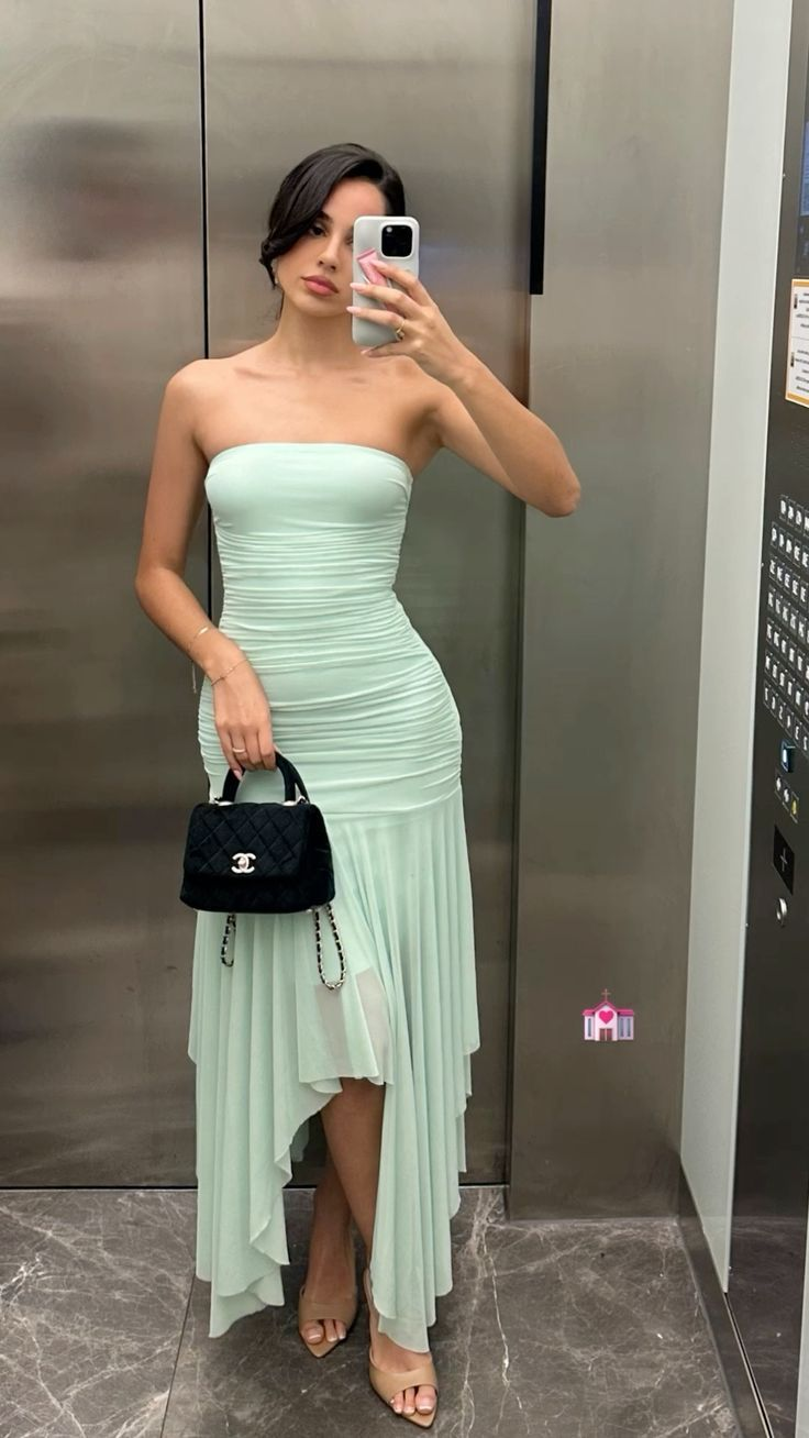 Classy Strapless Green Chiffon Mermaid Long Wedding Guest Dress Formal Party Dress Birthday Outfits SP1049