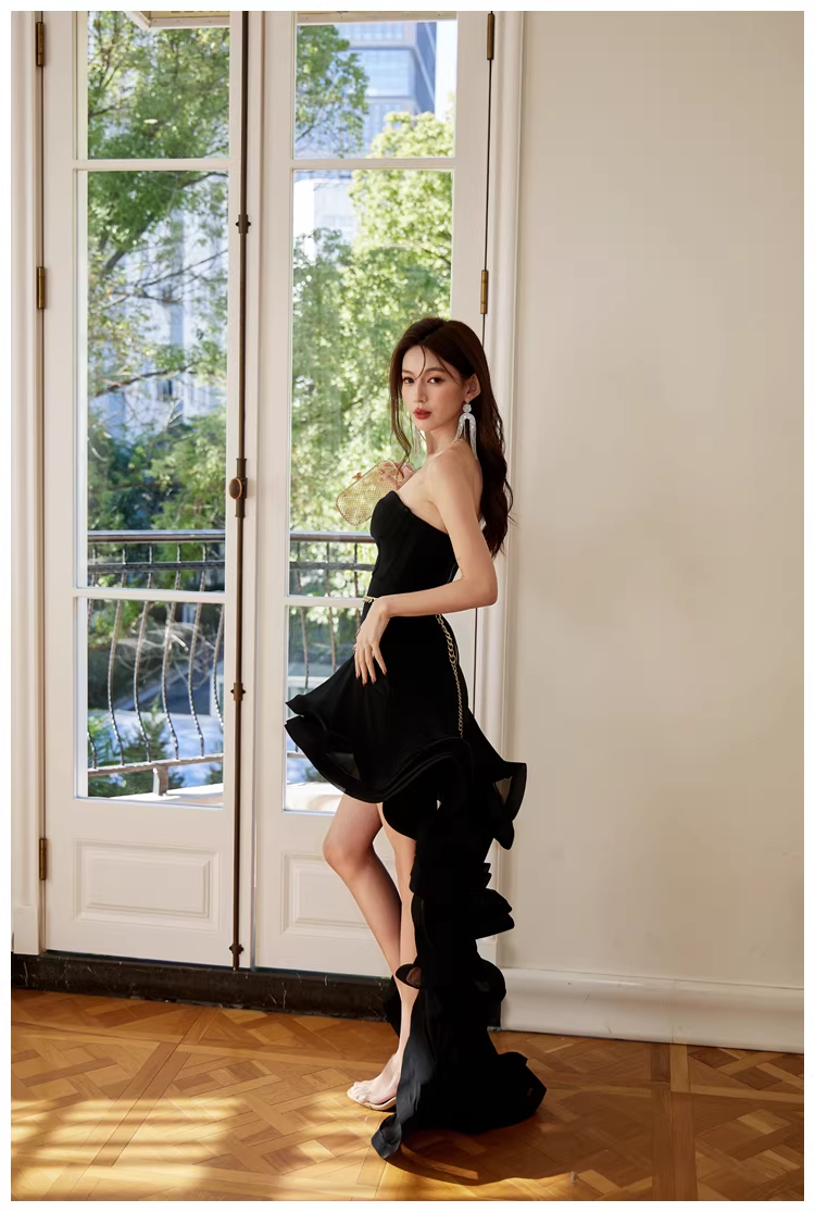 Sexy Strapless Black Ruffle Irregular Swallowtail Hem Birthday Dress Long Evening Gown