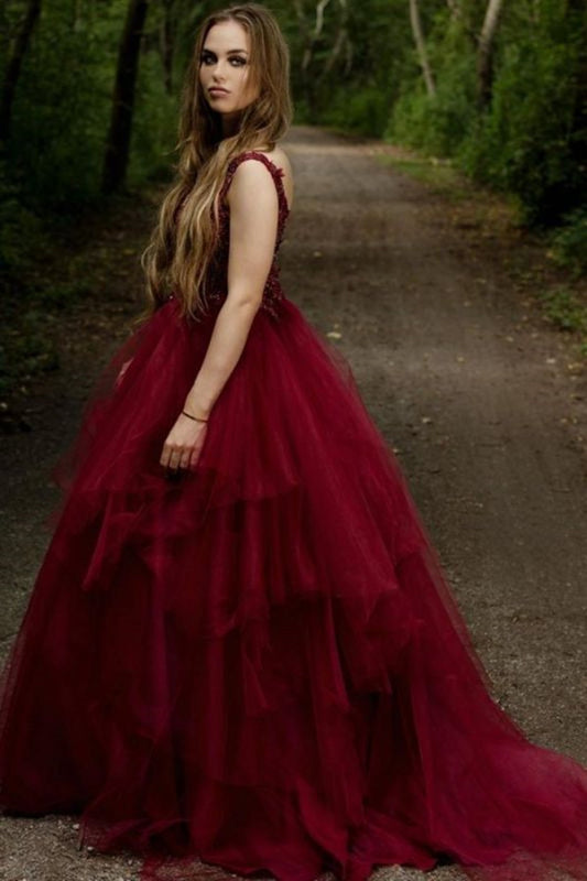V Neck Fluffy Burgundy Lace Long Prom Dress, Burgundy Formal Dress, Burgundy Evening Gowns