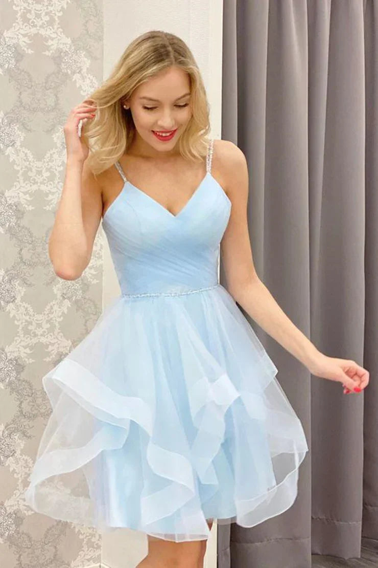 V Neck Light Blue Short Homecoming Dresses