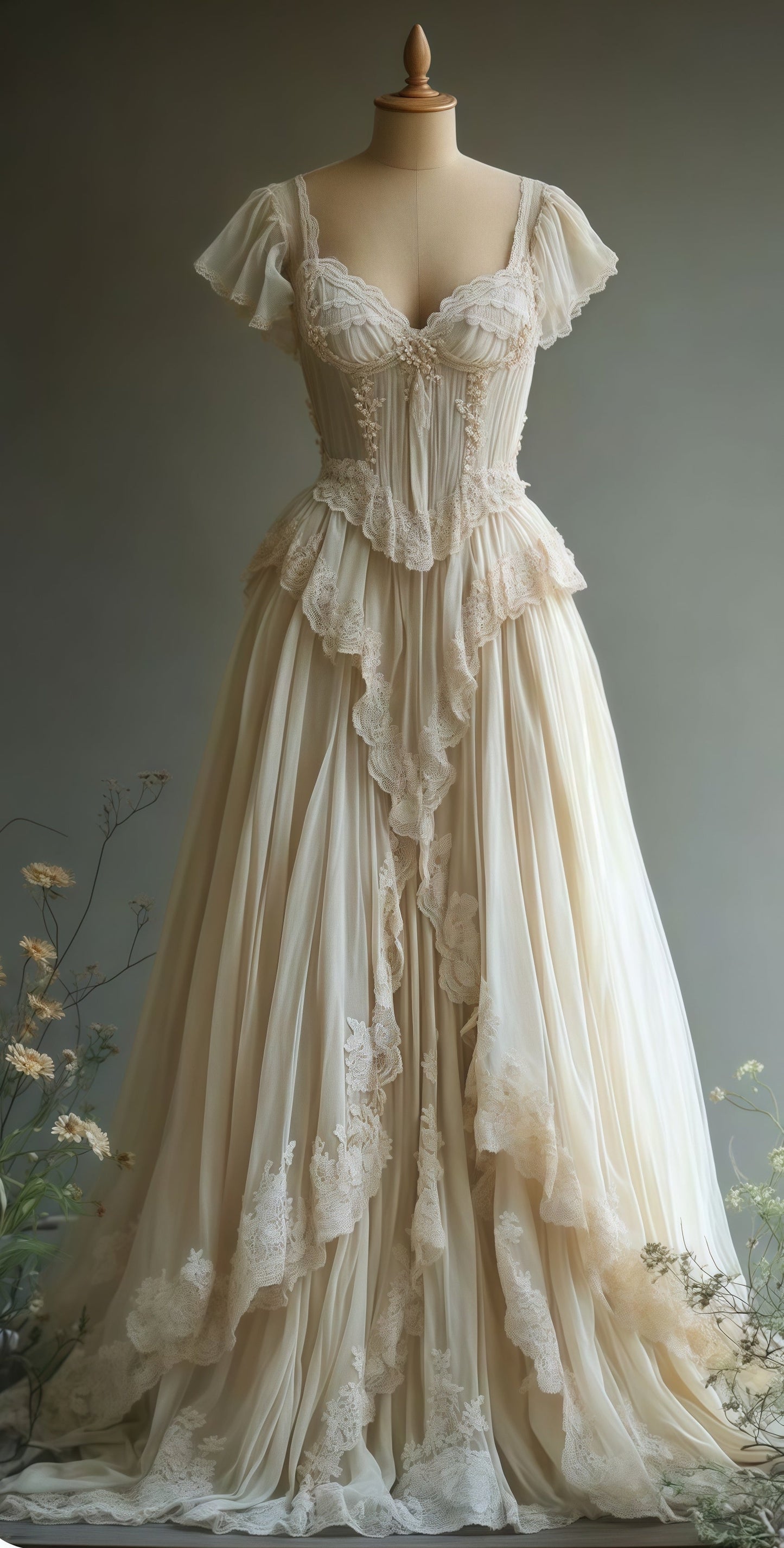 Vintage Lace Tulle Wedding Gown - Sweetheart Ruffles Bridal Dress with Cap Sleeves