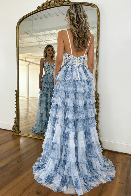 Vintage Style Blue Floral Tiered Tulle Prom Dress with Corset Bodice
