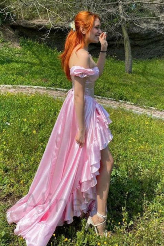 Vintage Style Pink Off The Shoulder Prom Dress with Corset Bodice and Flowing Ruffle Skirt