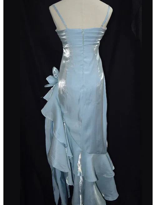 omberprom Vintage Light Blue Spaghetti Straps Floral Asymmetrical Hem Prom Dress Charming Evening Party Dress