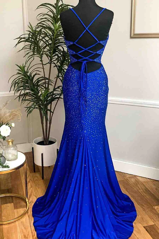 Royal Blue Beaded Cowl Neck Mermaid Long Prom Dress Y1000