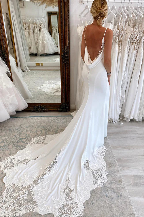 omberprom Elegant Spaghetti Straps Long Mermaid Boho Wedding Dress with Lace