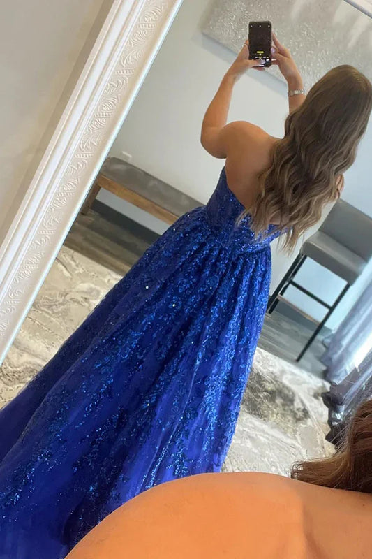 omberprom A-line Evening Dress Sequined Lace Long Prom Dress with Pockets