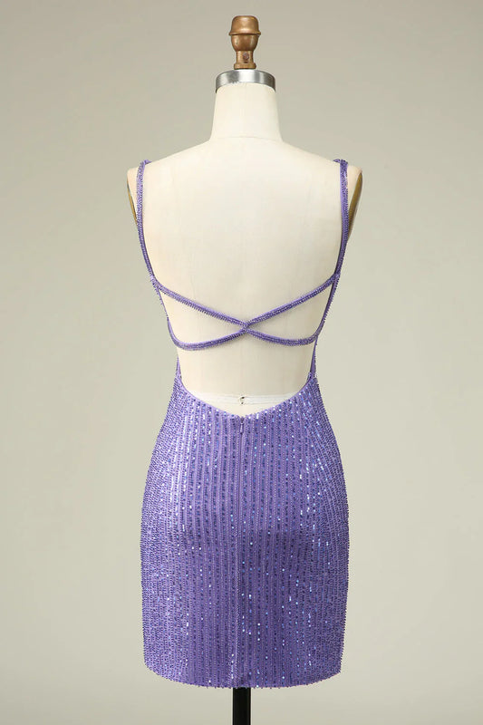 Charming Sheath Spaghetti Straps Purple Sequins Design A-line Homecoming Dress TP3645