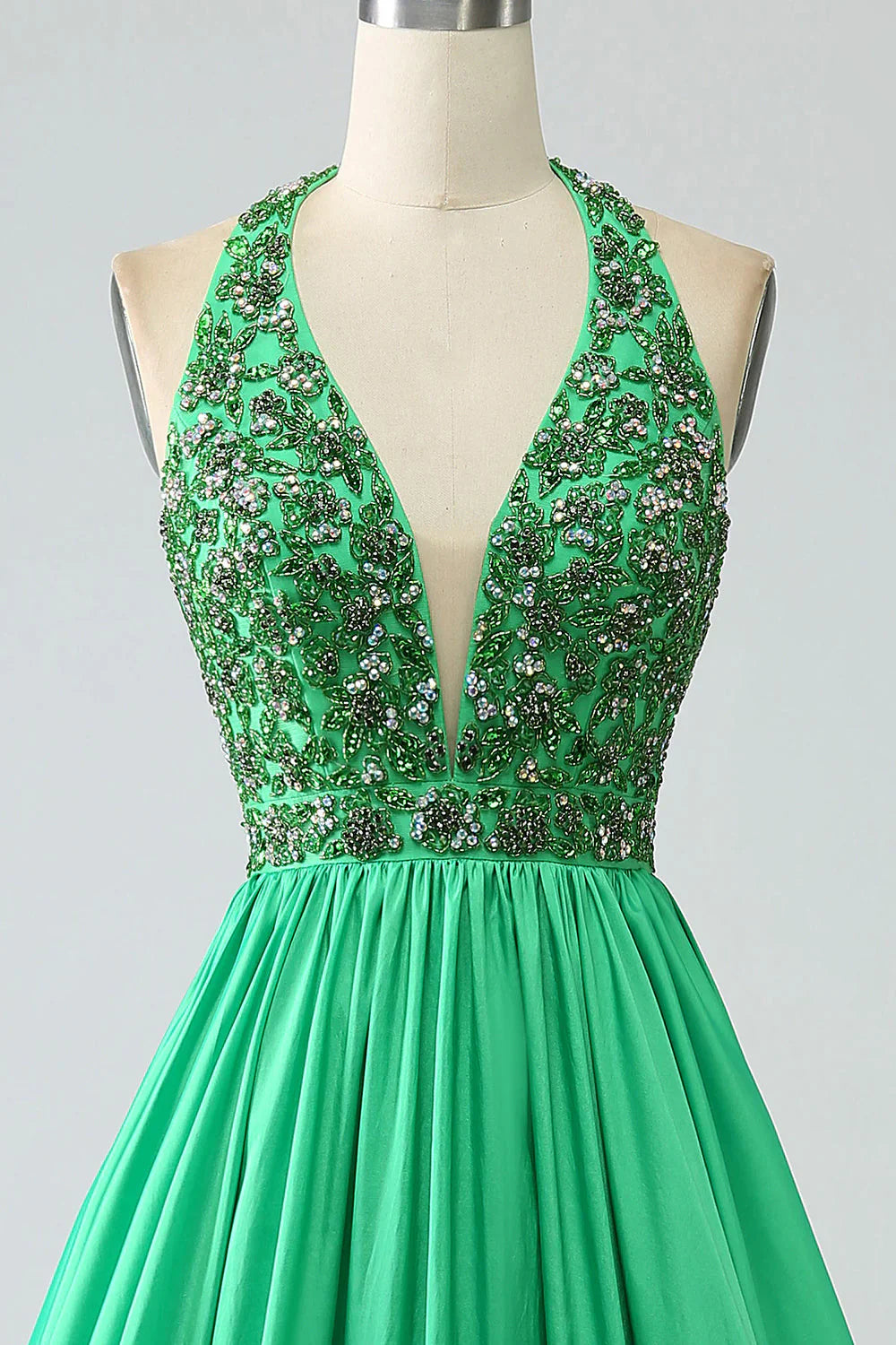 omberprom Green Princess A-Line Evening Dress Halter Long Satin Prom Dress with Beading