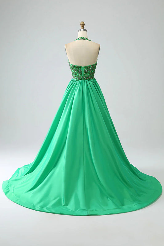 omberprom Green Princess A-Line Evening Dress Halter Long Satin Prom Dress with Beading