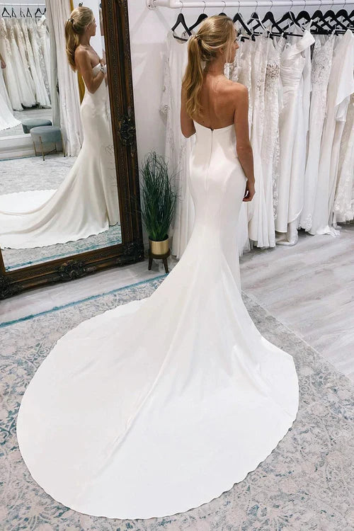 omberprom Elegant Simple Sweep Train Boho Long Mermaid Wedding Dress
