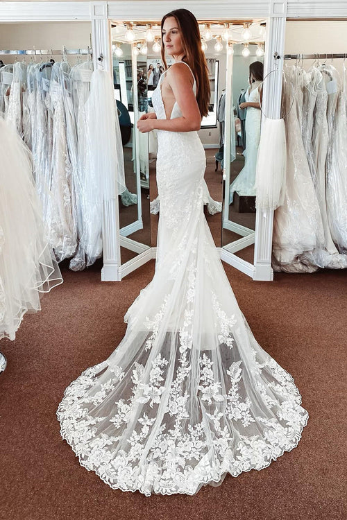 omberprom Elegant Lace A-Line Spaghetti Straps Sleeveless Long Wedding Dress Charming Bridal Gown