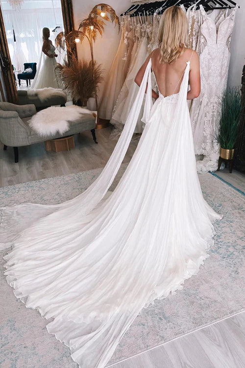 omberprom Elegant A-Line Watteau Train Boho Long Chiffon Wedding Dress with Lace