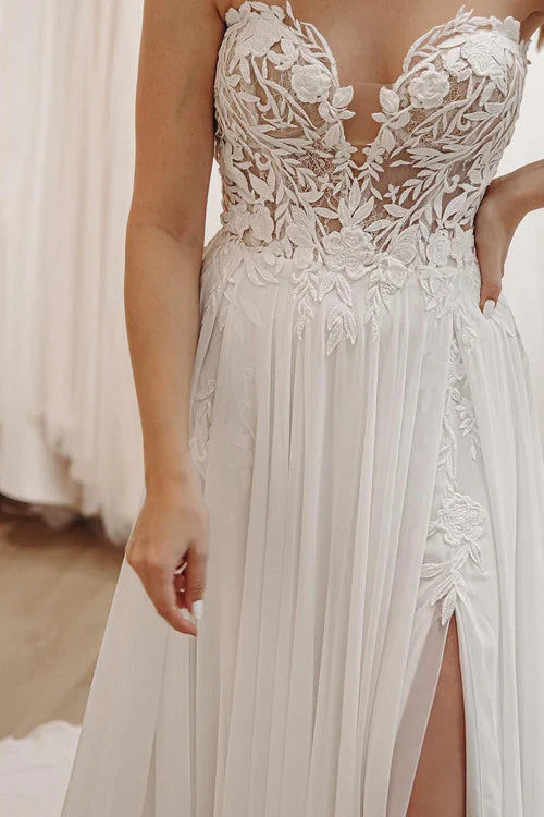 omberprom Elegant Sweetheart Long Lace Boho Wedding Dress with Slit
