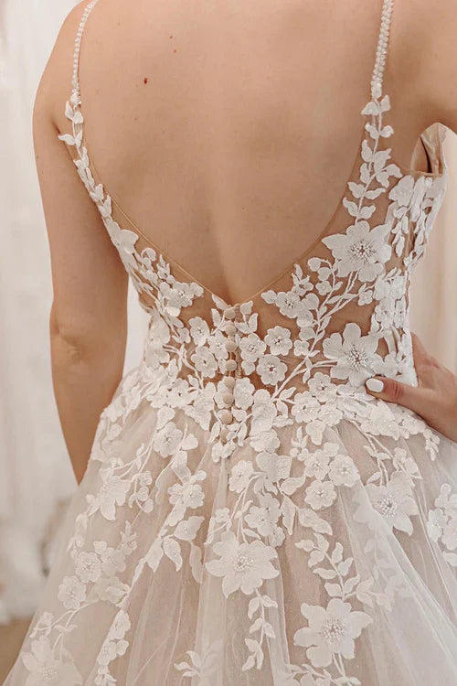 omberprom Elegant Glitter A-Line Spaghetti Straps Long Wedding Dress with Appliques