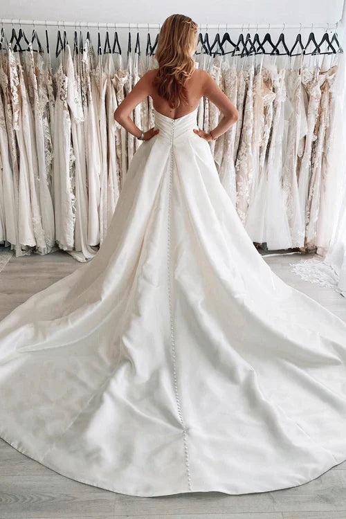 omberprom Elegant Strapless Satin Long A-Line Wedding Dress with Slit Modern Bridal Gown