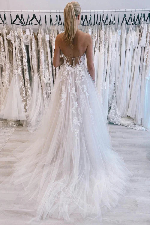 omberprom Elegant Long Tulle A-Line Wedding Dress with Lace