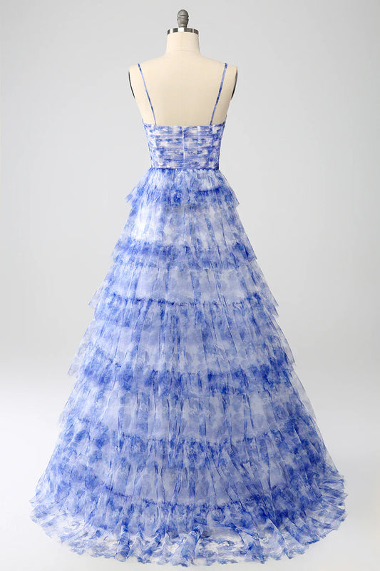 omberprom Blue Flower A-Line Evening Dress Halter Floral Print Tiered Long Prom Dress