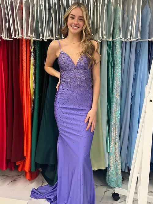 omberprom Mermaid Evening Dress Blue V-Neck Long Prom Dress