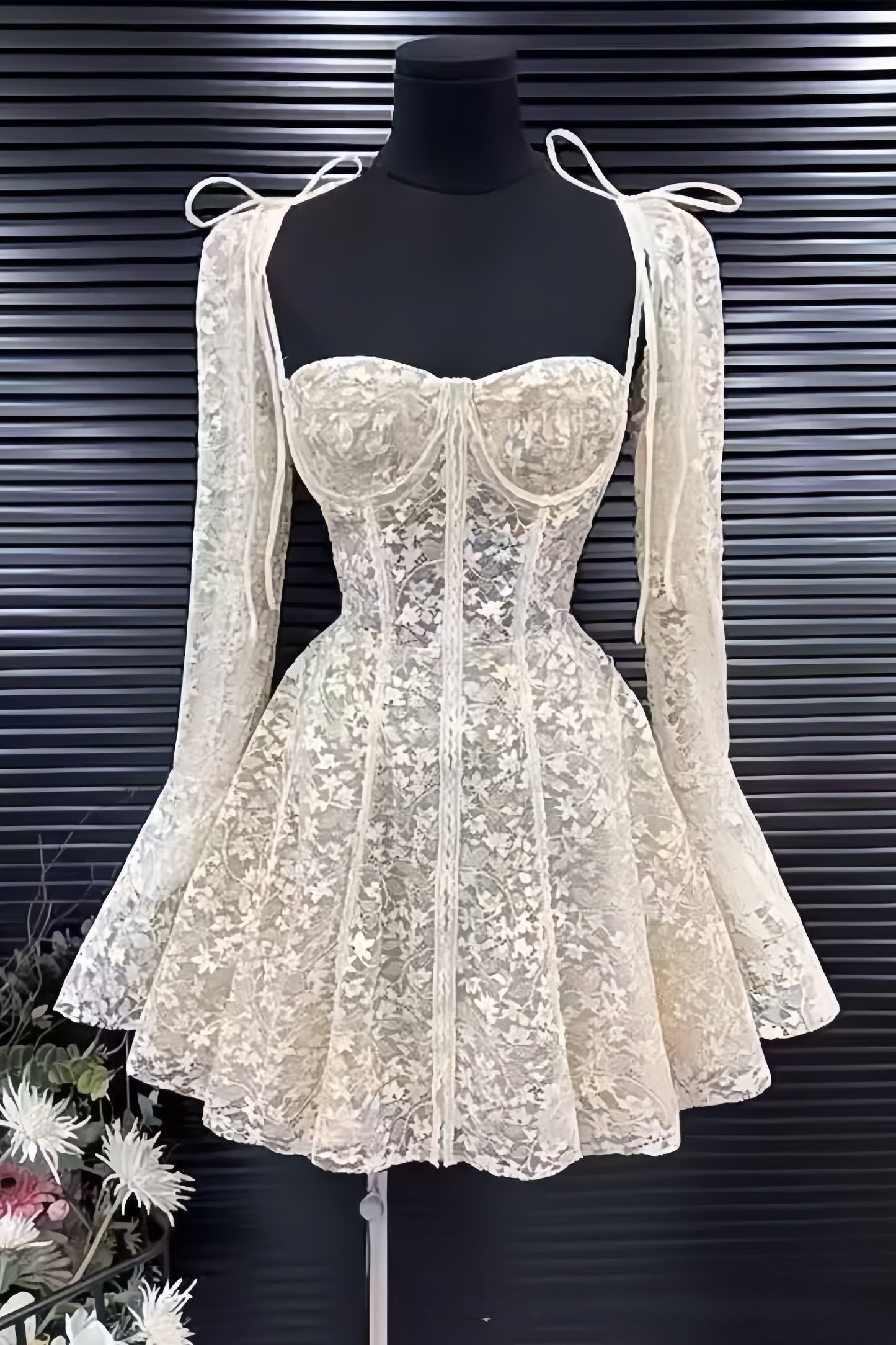 White Lace Homecoming Dresses A-line Hoco Party Dresses Long Sleeves Outfits,AST2004