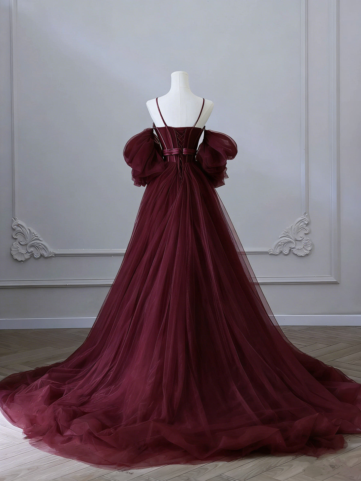 Wine Red Corset Prom Dress with Puffy Detachable Sleeves, A-Line Tulle Evening Dress