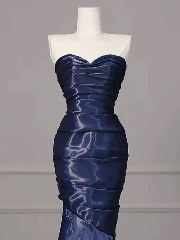 Gorgeous Nevy Blue Mermaid Strapless Pleated Long Prom Dress,Evening Dress Y7987
