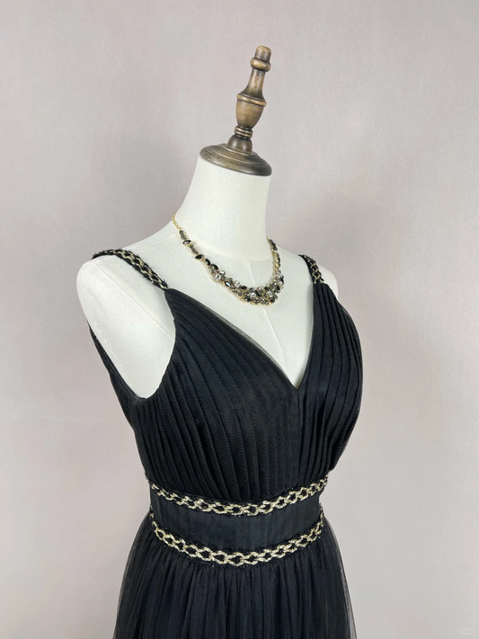 Gorgeous Black Tulle Gold Silk Feathers A Line Prom Dress Formal Evening Dress Y8652