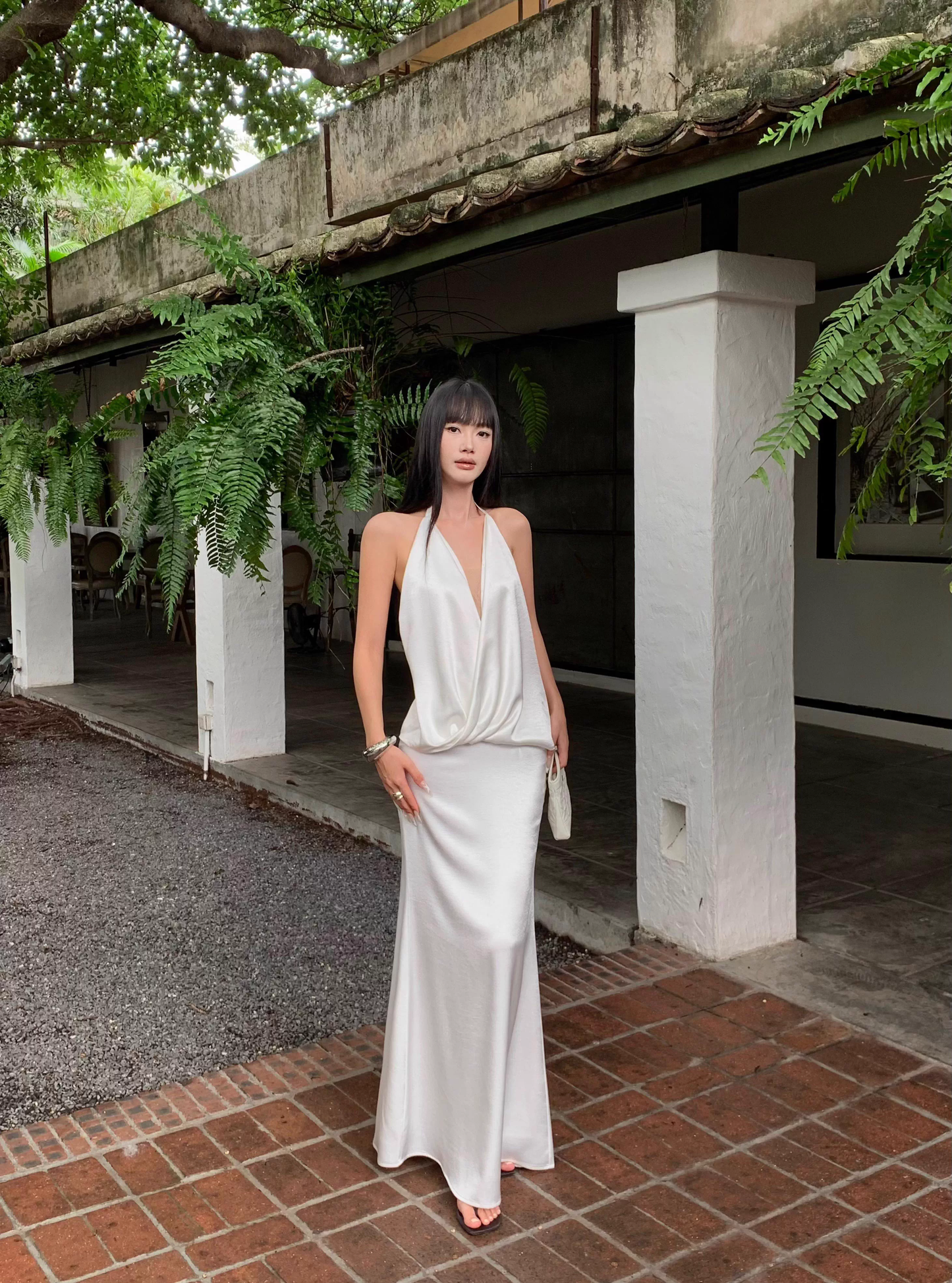 Sexy Halter V Neck White A Line Long Party Dress Formal Backless Evening Gown