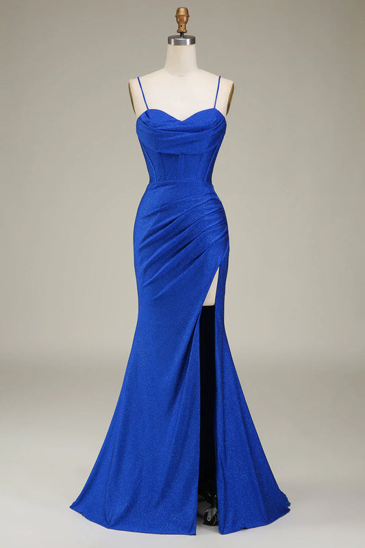 omberprom Lilac Mermaid Evening Dress Spaghetti Straps Satin Corset Prom Dress with Slit