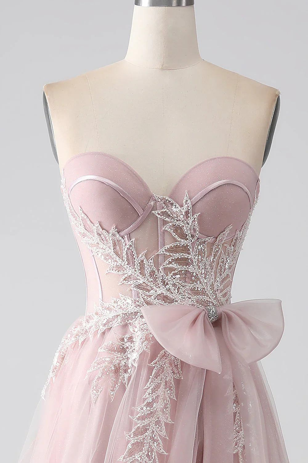 omberprom Blush A-Line Sweetheart Prom Dress Strapless Bow Tulle with Slit Sparkly