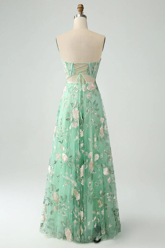 omberprom Green A-Line Evening Dress Sweetheart Corset Long Prom Dress with Embroidery