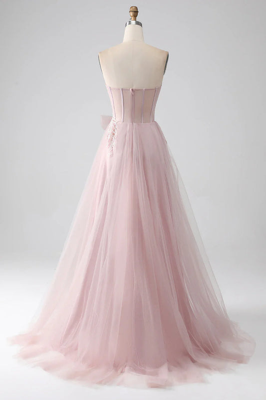 omberprom Blush A-Line Sweetheart Prom Dress Strapless Bow Tulle with Slit Sparkly