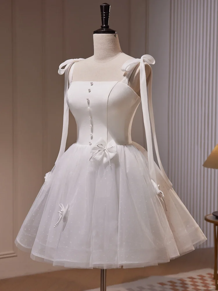 Simple Spaghetti Straps Tulle Satin A Line Birthday Outfits Short Homecoming Dress With Bow Y9537