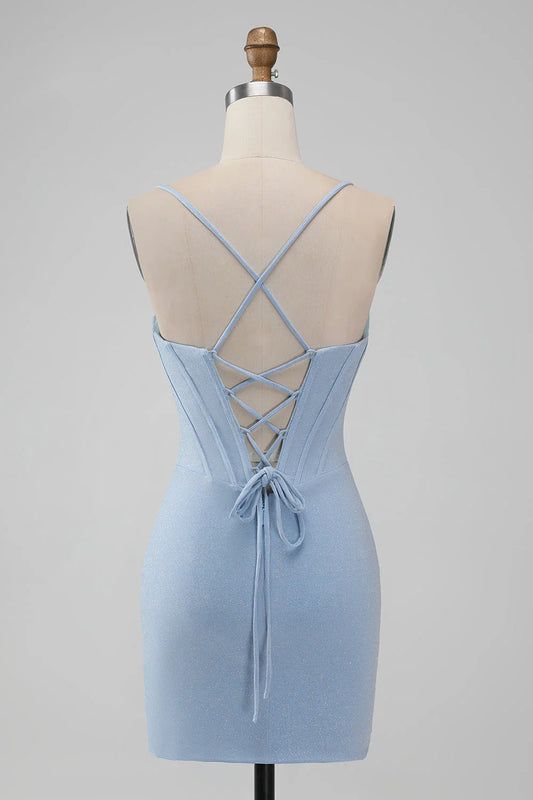 omberprom Bodycon Light Blue Homecoming Dress Spaghetti Straps Corset Short Graduation Dresses