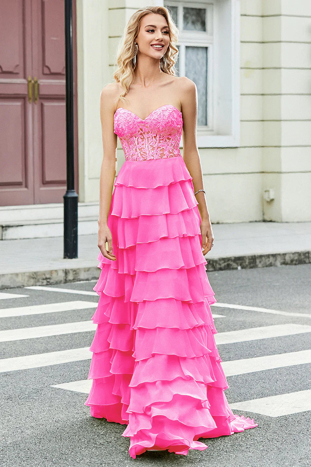 omberprom A Line Sweetheart Corset Yellow Layered Long Prom Dress with Appliques Ruffles Gorgeous