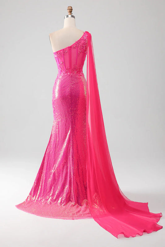 omberprom Mermaid One Shoulder Sparkly Corset Prom Dress Fuchsia With Slit