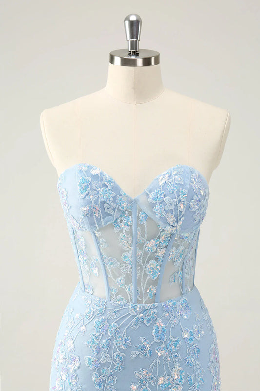 omberprom Homecoming Dress Classy Bodycon Strapless Corset with Sequins Fuchsia